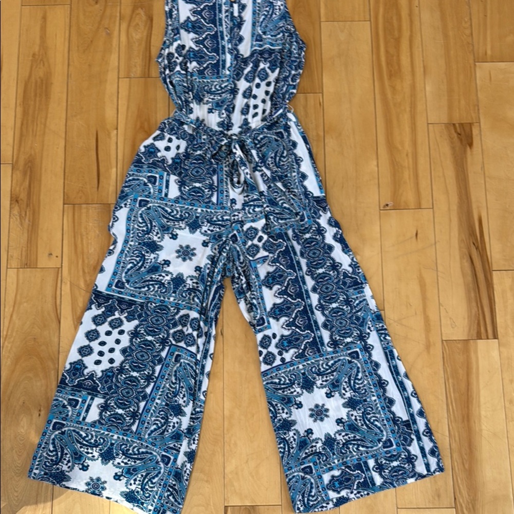 LOFT Blue and White Wide Leg Jumpsuit